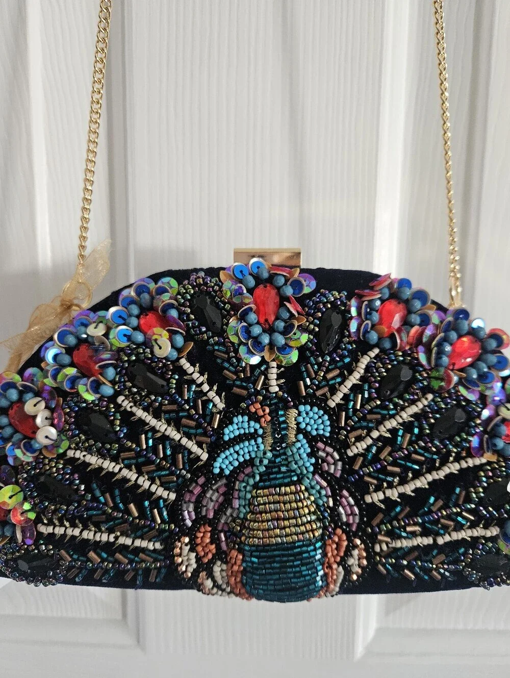 NWT Made In India Beaded Embellished Peacock Hard Case Clutch/Crossbody Bag